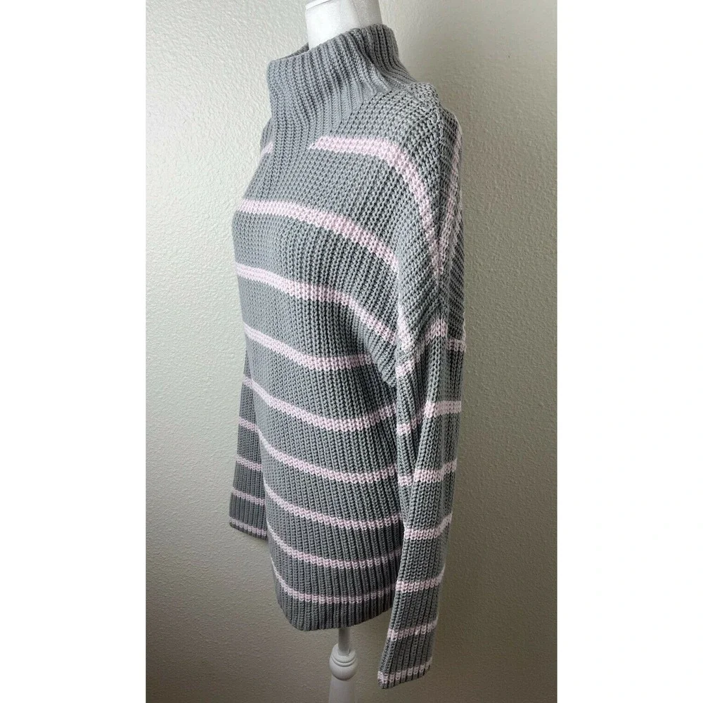 Caslon Women's Shaker Mock Neck Knit Yarn Sweater Pink Stripe‎ Large L